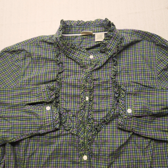 LL Bean Women Shirt XL Green Plaid Ruffle Button Up Band Collar Cottage Classic - Picture 4 of 11